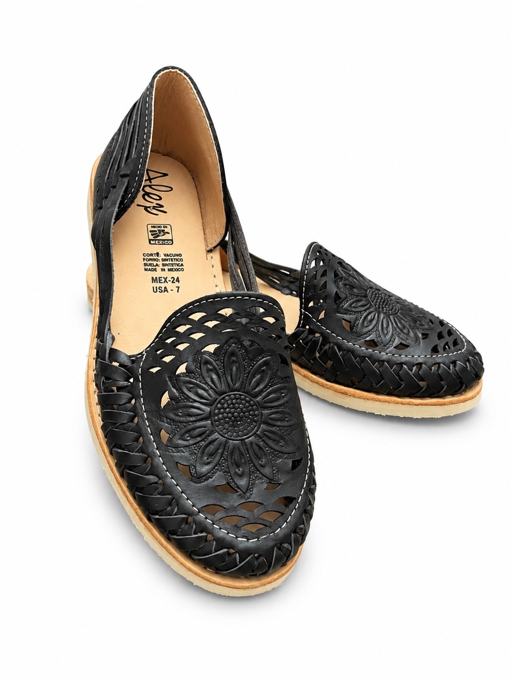 ALOHAS Black Woven Leather Huarache Loafers with Floral Cutout